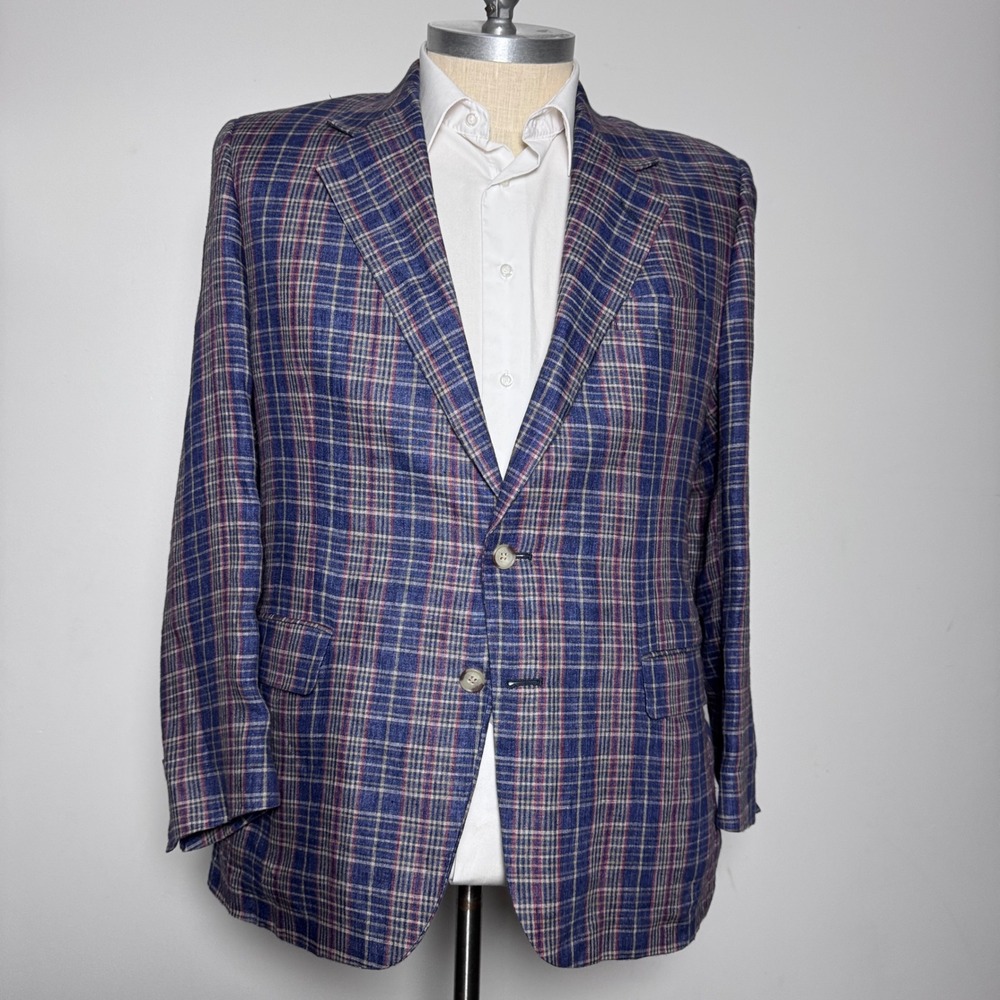 Orvis Sport Coat Mens 44 Blue Red Plaid Linen Blend Vintage Made in USA Blazer
